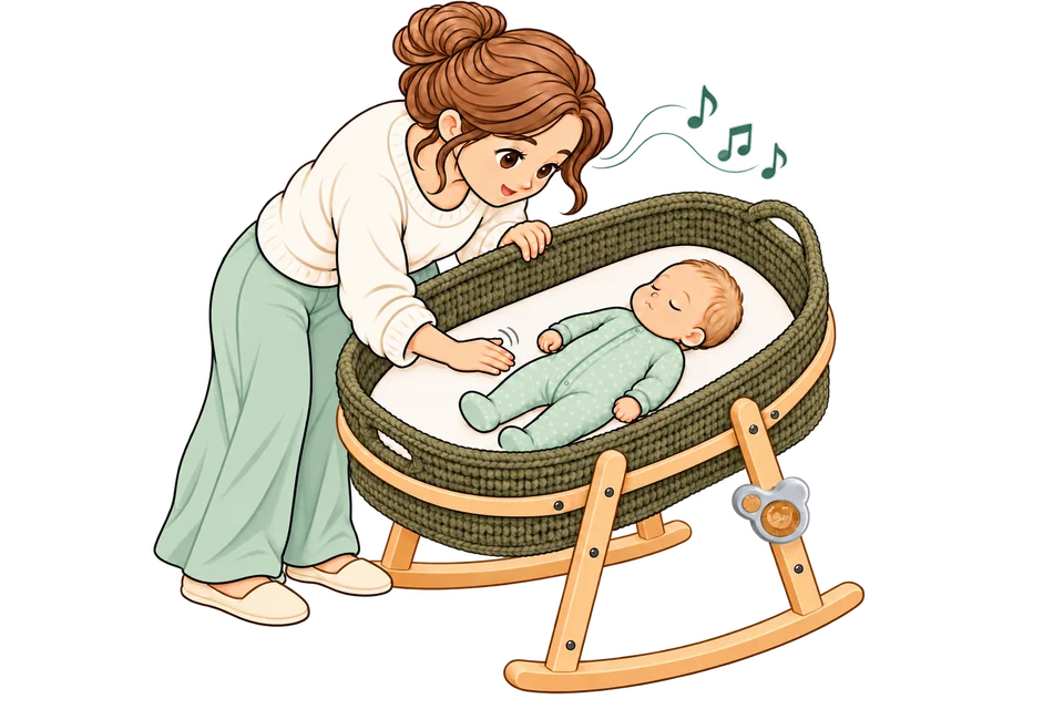 Die Mutter summt und klopft sanft auf die Matratze neben dem schlafenden Baby in der Schaukelwiege. ROCK your BABY ist am Gestell befestigt.