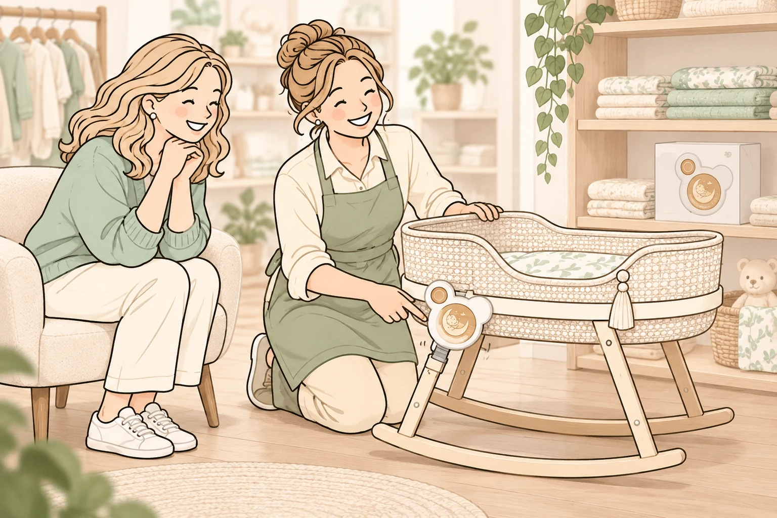 Illustration: Eine Fachberaterin zeigt ROCK your BABY an einer Schaukelwiege im Verkaufsraum.