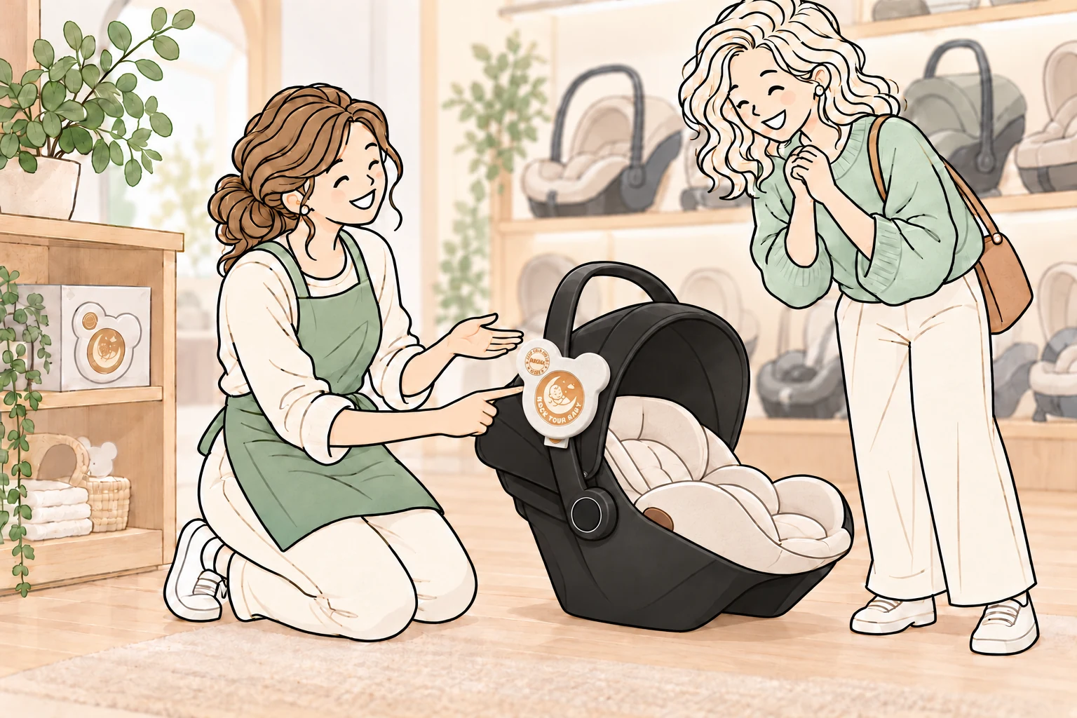 Illustration: Eine Fachberaterin zeigt ROCK your BABY am Tragebügel einer Babyschale im Babyfachgeschäft.