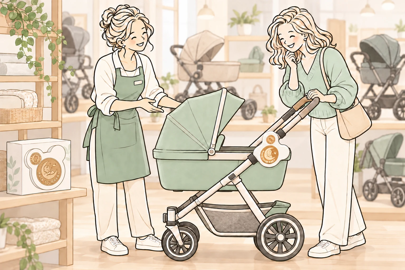 Illustration: Eine Fachberaterin führt ROCK your BABY an einem Kinderwagen im Geschäft vor.